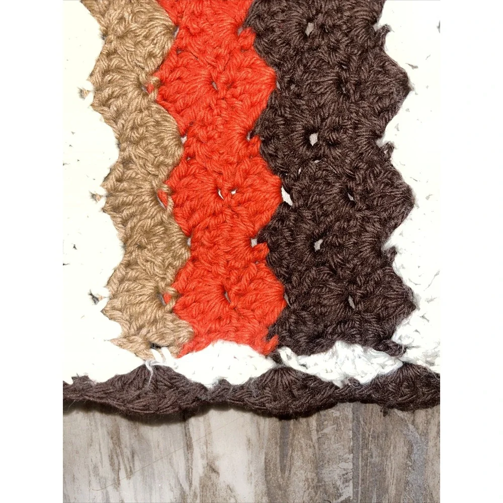 Vintage MCM Retro Fall Afghan Blanket Zig Zag Chevron Brown Orange White Throw